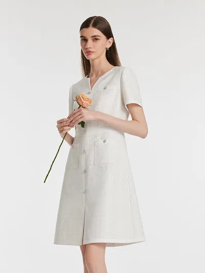 Goelia Gathered Waist Single-breasted Sequins Tweed Mini Dress With Patch Pockets In White