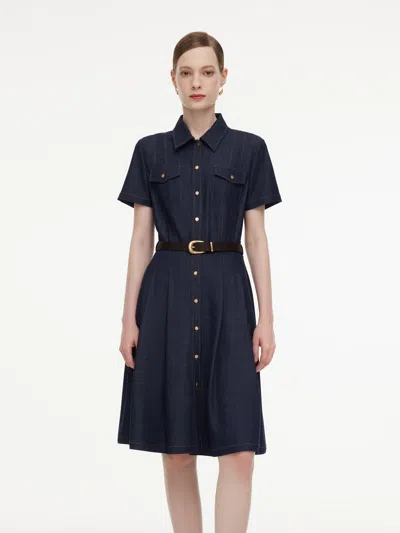 Goelia Gather-waisted Women Midi Shirt Dress With Leather Belt In Blue