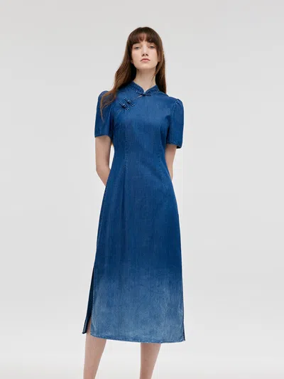 Goelia Gradient Denim Women Qipao Midi Dress In Blue