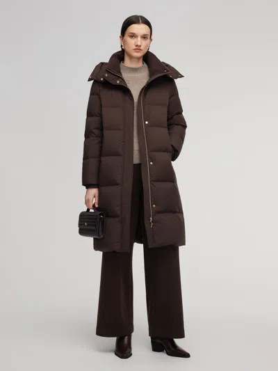 Goelia H-line Knit Collar Long Goose Down Coat With Detachable Hood In Brown