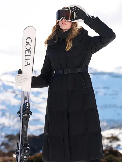 Goelia Hooded Gathered Waist Long Goose Down Garment With Belt In Black