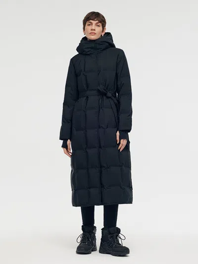 Goelia Hooded Long Goose Down Coat With Belt In Blue