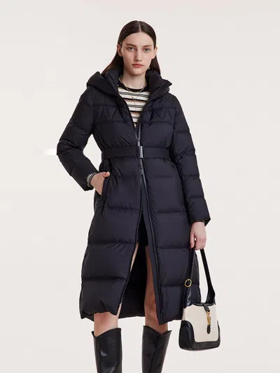 Goelia Hooded Long Goose Down Garment With Belt In Blue