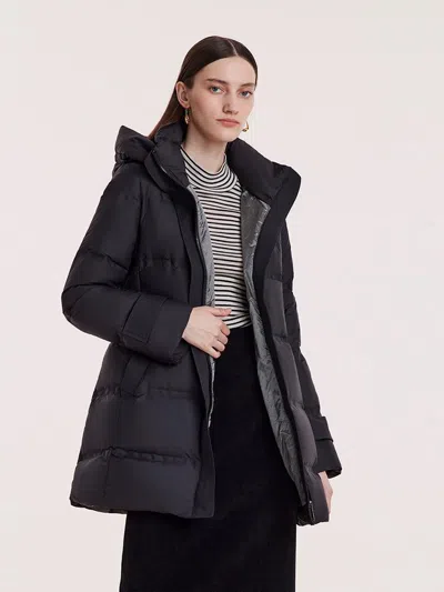 Goelia Hooded Mid-length Goose Down Garment With Belt In Black