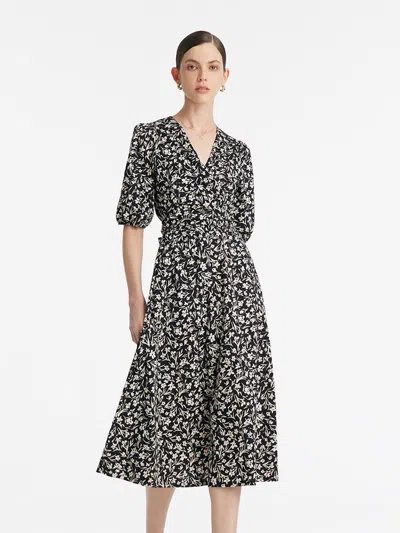 Goelia Iris Print V-neck Tied Women Midi Dress In Black