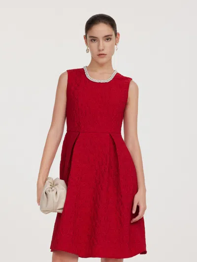 Goelia Jacquard Beaded Round Neck Women Sleeveless Mini Dress In Red