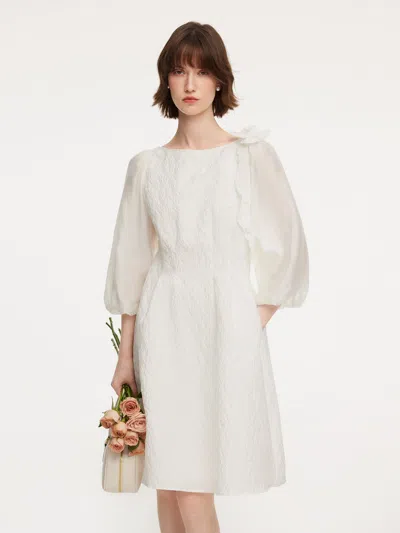 Goelia Jacquard Boat Neck Women Midi Dress With Detachable Flower In White