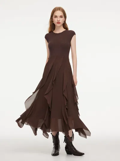 Goelia Jacquard Patchwork Cascading Ruffle Asymmetrical Women Maxi Dress In Coffee Brown