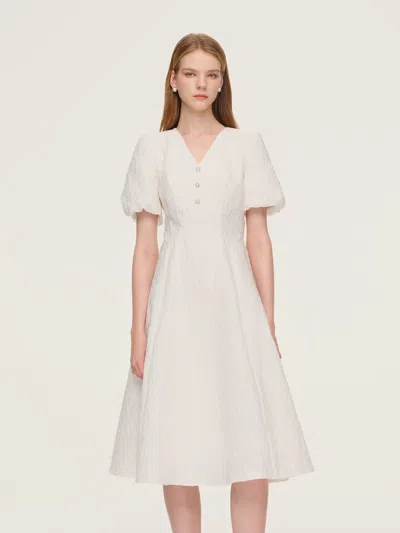 Goelia Jacquard Puff Sleeve Women Midi Dress In White