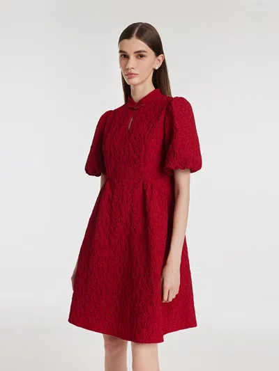 Goelia Jacquard Puff Sleeves Women Qipao Mini Dress In Red