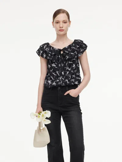 Goelia Jacquard Ribbon Print Tie Front Women Ruffle Blouse In Black