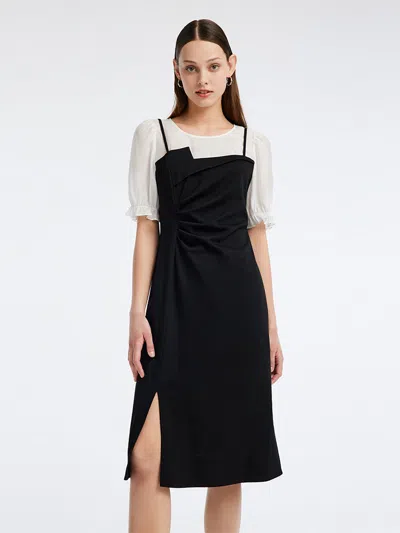 Goelia Knitted Puff Sleeve Patchwork Midi Dress In Black