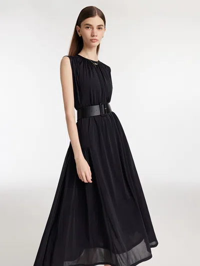Goelia Knitted Women Maxi Vest Dress With Belt And Bottomed Spaghetti Strap Dress In Black