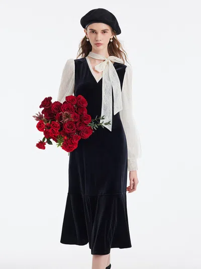 Goelia Lace Patchwork Velvet Women Midi Dress In Black