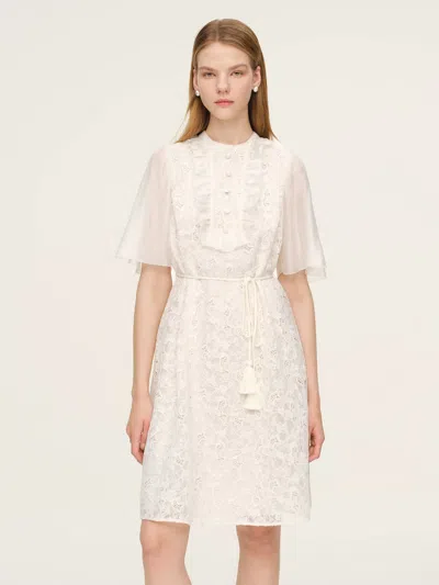 Goelia Lace Ruffle Sleeve A-line Women Mini Dress With Tie-string Belt And Scrunchie In White