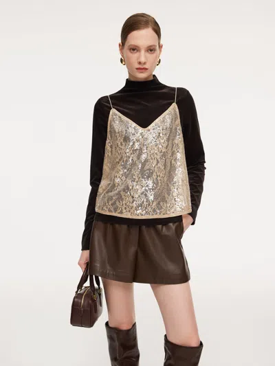 Goelia Lace Sequins Camisole And Velvet Knit Top Two-piece Set In Neutral