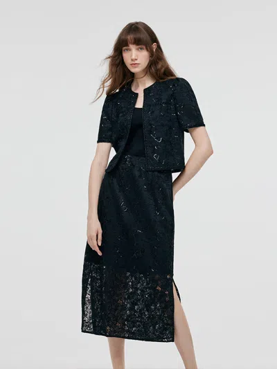 Goelia Lace Sequins Crop Jacket And Slit Skirt Two-piece Set In Black