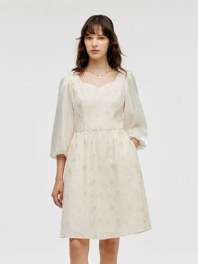 Goelia Lantern Sleeve Patchwork Jacquard Women Mini Dress In White