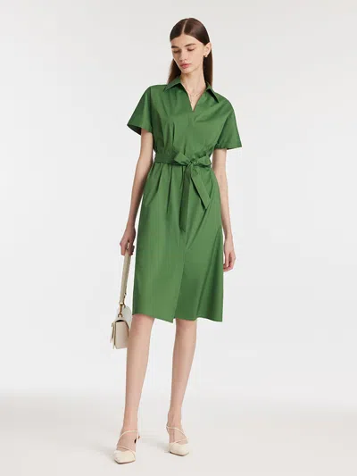 Goelia Lapel V-neck Women Midi Shirt Dress With Belt In Green