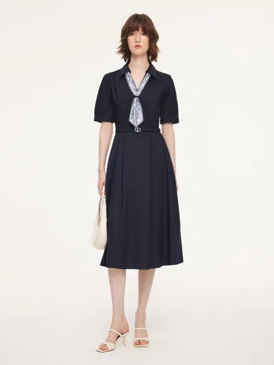 Goelia Linen Blend V-neck Women Midi Dress With Silk Scarf And Belt In Blue