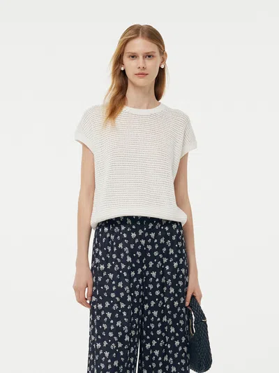 Goelia Linen Cotton Sequins Women Open-knit Top In White