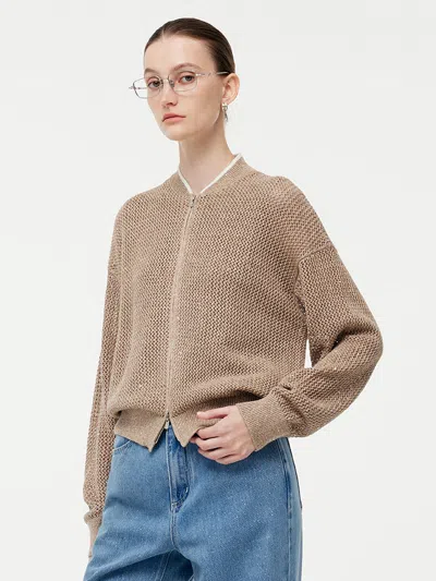 Goelia Linen Openwork Sequins Zip-up Women Jacket In Brown