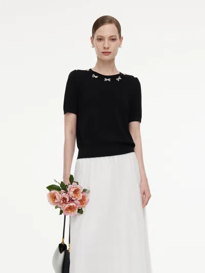 Goelia Lyocell Blend Beaded Bowknot Women Knit Top In Black