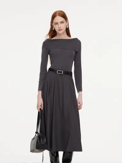 Goelia Lyocell Blend Boat Neck Women Mock Layered Maxi Dress With Belt In Smoke Grey