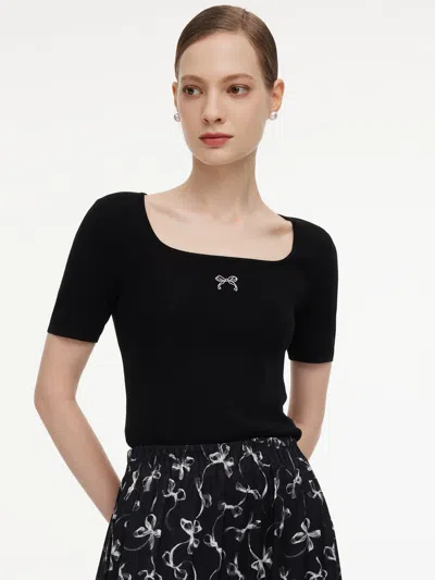 Goelia Lyocell Blend Bowknot Embroidered Women Square Neck Knit Top In Black