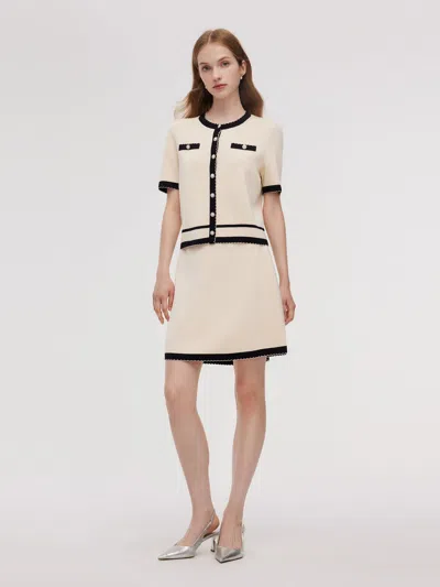 Goelia Lyocell Blend Contrast Trim Cardigan And Mini Skirt Two-piece Set In Brown