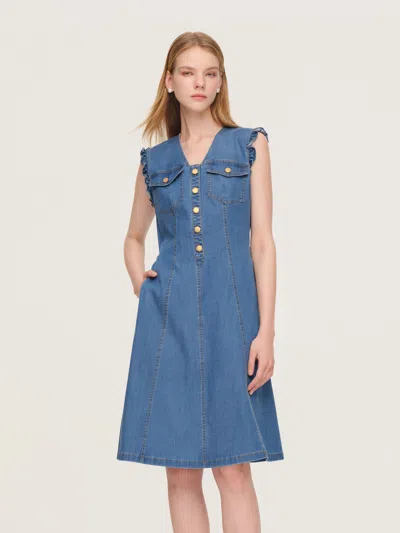 Goelia Lyocell Blend Denim V-neck Women Sleeveless Midi Dress In Blue