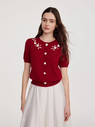 Goelia Lyocell Blend Jacquard Women Knit Top With Detachable Knit Flowers In Red