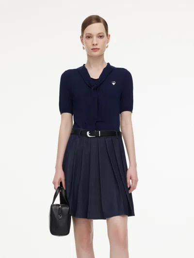 Goelia Lyocell Blend Patchwork Women Pleated Mini Dress With Belt In Blue