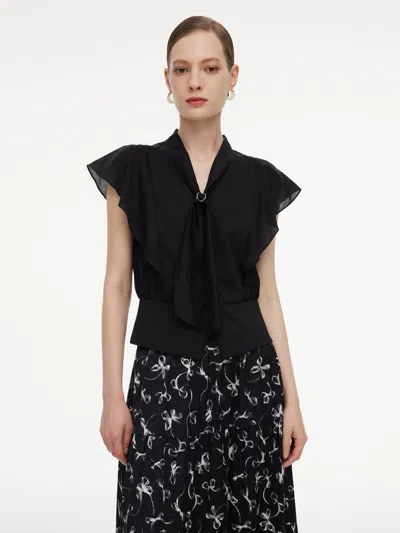 Goelia Lyocell Blend Ruffle Sleeve Women Blouse With Detachable Scarf Buckle In Black
