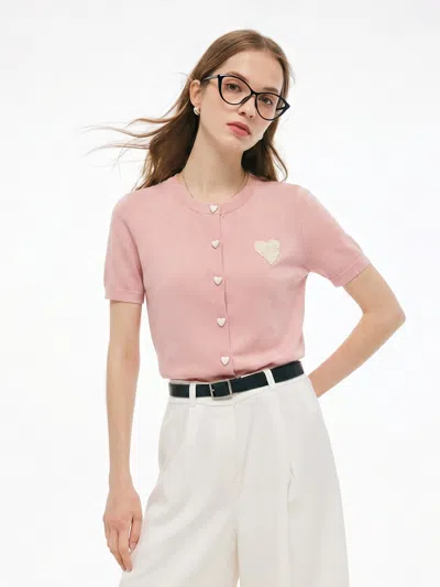 Goelia Lyocell Blend Sequined Heart Women Short Sleeve Cardigan In Pink