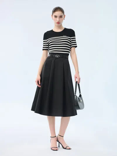 Goelia Lyocell Blend Stripe Patchwork Women Midi Dress With Belt In Black