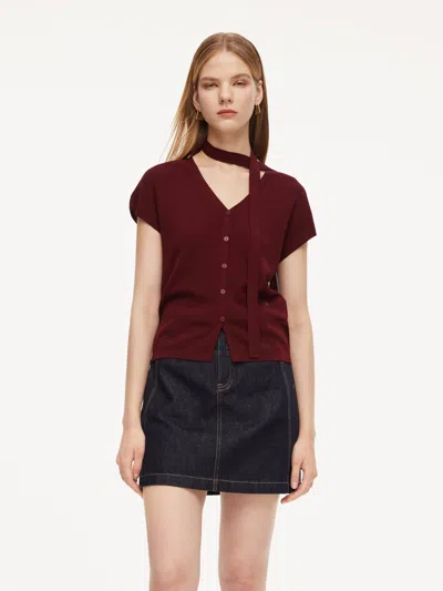 Goelia Lyocell Blend V-neck Women Cardigan With Ribbon In Burgundy