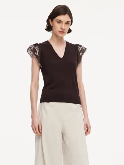 Goelia Lyocell Blend V-neck Women Embroidered Sleeve Knit Top In Black