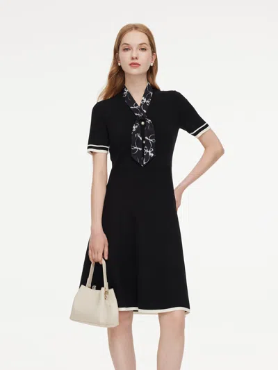 Goelia Lyocell Blend Women Knit Midi Dress With Detachable Silky Scarf In Black