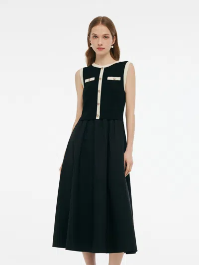 Goelia Lyocell Contrast Trim Patchwork Women Vest Midi Dress In Black