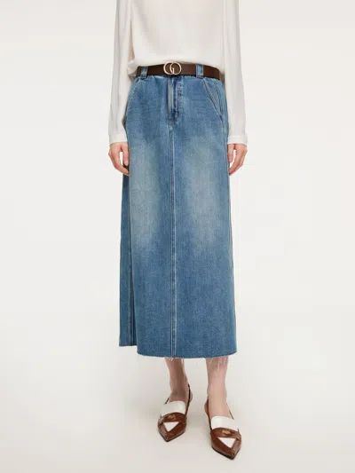 Goelia Lyocell Cotton Blend Denim Frayed Hem Women Skirt With Belt In Blue