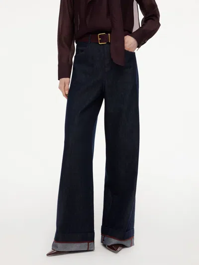 Goelia Lyocell Cotton Blend Denim Women Palazzo Jeans With Belt In Dark Denim