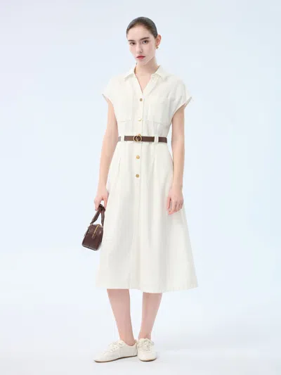 Goelia Lyocell Cotton Blend Denim Women V-neck Maxi Shirt Dress With Belt In Neutral