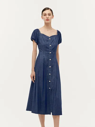 Goelia Lyocell Denim Gathered Waist Stretch Women Midi Dress In Blue