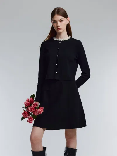 Goelia Lyocell Wool Blend Beaded Round Neck Knit Top And Skirt Two-piece Set In Black