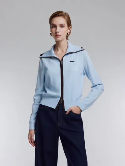 Goelia Lyocell Wool Blend Contrast Trim Women Zip-up Cardigan In Blue