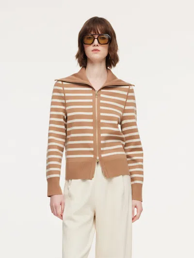 Goelia Lyocell Wool Blend Stripe Reversible Zip-up Women Cardigan In Brown
