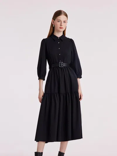 Goelia Machine Washable Silk And Woolen Collared Dress In Black