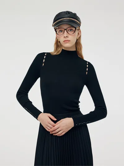 Goelia Machine Washable Wool Beaded Women Knit Top In Black
