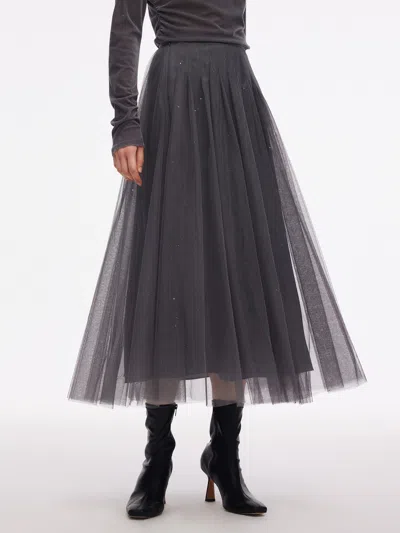 Goelia Mesh Elastic Waist Sequins Pleated Women Skirt In Gray